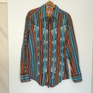 Robert Graham Embroidered Mens Button Front Shirt Large Blue Orange Stripes